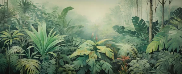 Poster Watercolor pattern wallpaper. Painting of a jungle landscape in retro style. © Simon