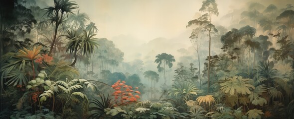 Watercolor pattern wallpaper. Painting of a jungle landscape in retro style. - obrazy, fototapety, plakaty