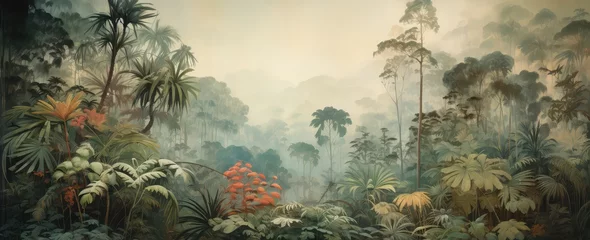 Fotobehang Watercolor pattern wallpaper. Painting of a jungle landscape in retro style. © Simon