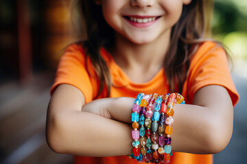 A bracelet made of colorful beads in the hand of a little girl. Generated by artificial intelligence