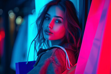 Naklejka premium Portrait of young woman in neon light on dark background with shopping bags, black friday.