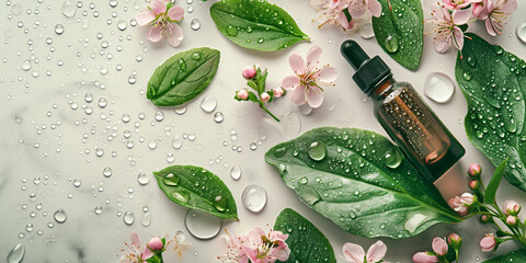A homeopathic essence bottle surrounded by fresh green leaves and delicate pink flowers, adorned with water droplets, suggests natural and holistic healing.