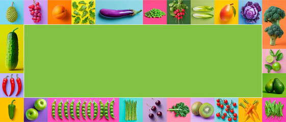 A frame with fresh vegetables, fruits and salad leaves, in bright trendy colours. Space for text, panorama.