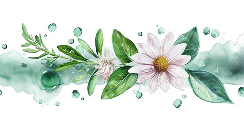 A serene watercolor banner featuring a daisy, olive leaves, and water droplets, evoking a sense of natural purity and herbal healing.
