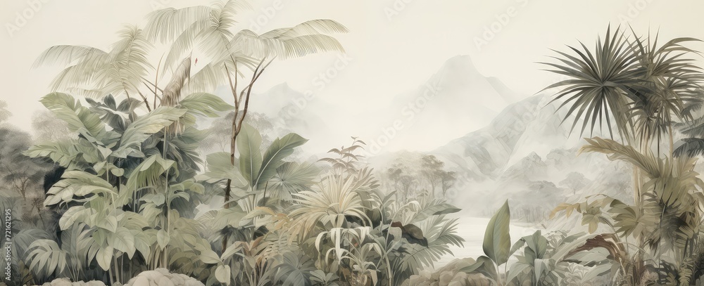 Wall mural Watercolor pattern wallpaper. Painting of a jungle landscape in retro style.