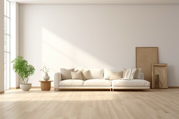 Interior design of a modern minimalistic living room mockup with white walls and hardwood floors.