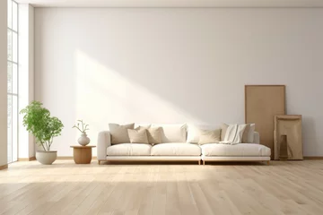 Fotobehang Interior design of a modern minimalistic living room mockup with white walls and hardwood floors. © MD Media