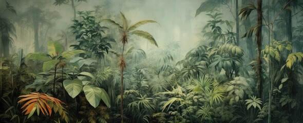 Watercolor pattern wallpaper. Painting of a jungle landscape in retro style.