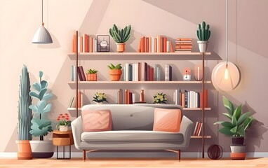 Living room with sofa and shelves Modern Scandinavian style living room interior cartoon vector illustration