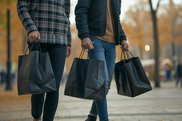 Side view of unrecognizable couple holding Black friday shopping bags walking together outdoors, copy space.