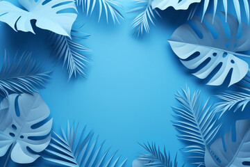 Fototapeta na wymiar Tropical Paper Leaves on Blue Background 