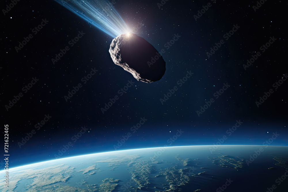 Poster celestial harmony: a mesmerizing artists rendition of an enormous comet dancing gracefully towards e