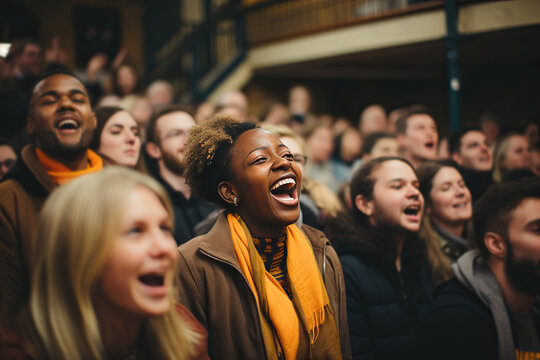 Harmonious Melodies: Joyful diverse group of individuals come together, singing and laughing passionately, forming a beautiful symphony of unity and joy.