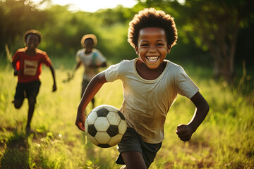 Joyful Kickers: A Multicultural Gang of Little Champions Engaged in an Energetic Soccer Match