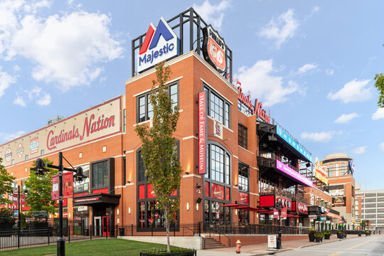 St. Louis, MO, USA - August 18, 2018: Billpark Village outside of Busch Stadium in downtown St. Louis with the St. Louis Cardinals Hall of Fame and Museum.