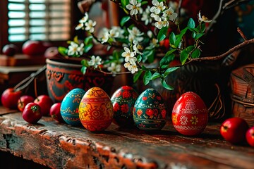 Multicoloured Easter eggs painted using the traditional method.