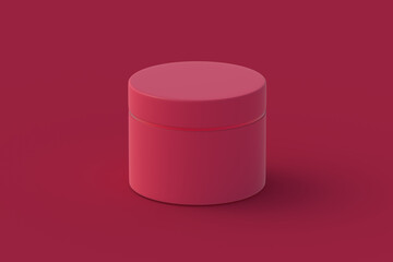 Cream jar of magenta on red background. 3d render
