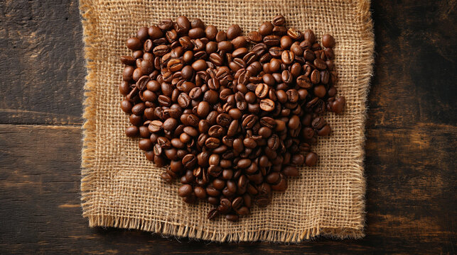 Heart with roasted coffee beans on the burlap background