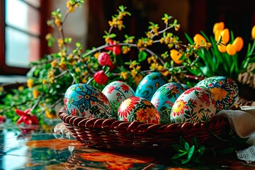 A set of hand-painted folk Easter eggs in a wicker basket.