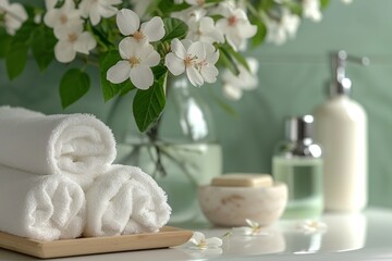 spa still life with cosmetics, towels and flowers. White and green composition. Generative AI