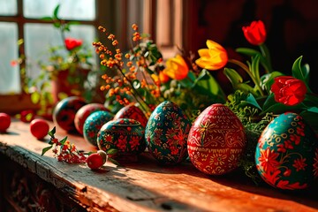 Hand-painted Easter eggs and spring flowers arranged to form an Easter centerpiece.
