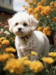 Perro de raza Bichón mirando curioso entre las flores en una escena primaveral en el jardín