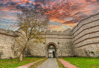 The Theodosian Walls gate view in Istanbul. The Theodosian Walls were built to defense Byzantine Empire.
