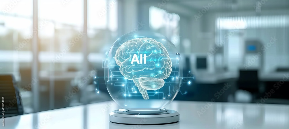 Poster holographic human brain hovering above cpu with shining ai iconfuturistic technology concept.