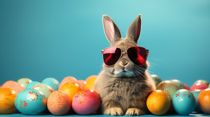 Cute Easter bunny rabbit in cool sunglasses with colorful easter eggs .Easter egg hunt concept. bunny easter with sunglasses and eggs.Cool Easter bunny wearing sunglasses  - Powered by Adobe