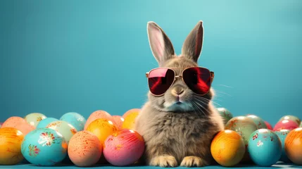 Fotobehang Cute Easter bunny rabbit in cool sunglasses with colorful easter eggs .Easter egg hunt concept. bunny easter with sunglasses and eggs.Cool Easter bunny wearing sunglasses  © Stewart Bruce