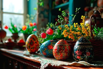 Presentation of handicraft folk art of painting Easter eggs