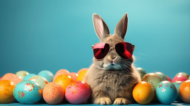 Naklejki Cute Easter bunny rabbit in cool sunglasses with colorful easter eggs .Easter egg hunt concept. bunny easter with sunglasses and eggs.Cool Easter bunny wearing sunglasses 