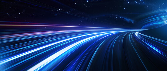 Conceptual image depicting warp speed travel with light streaks against a starry space background, conveying motion and speed.