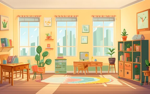 Kindergarten room interior. Cozy playroom with painting, cartoon vector illustration

