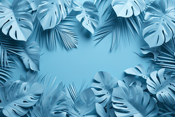 A creative frame made of monochrome blue tropical leaves with space for text, perfect for design backgrounds or invitations.
