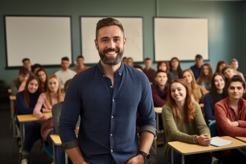 A smiling teacher in front of his students.