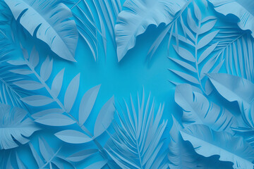 Artistic design featuring blue paper cut-out style tropical leaves, perfect for modern graphic backgrounds and eco-themed layouts.
