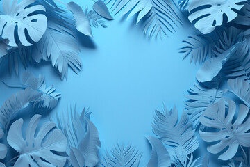A serene blue monochrome background with a variety of tropical leaves arranged in a frame, ideal for elegant designs and themes.
