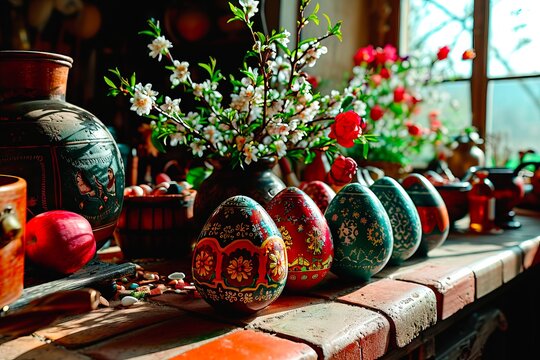 The painted Easter eggs are drying on an old kitchen counter in a country house.