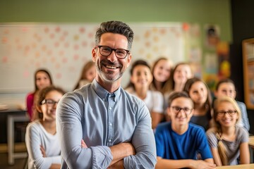 A smiling teacher in front of his students.