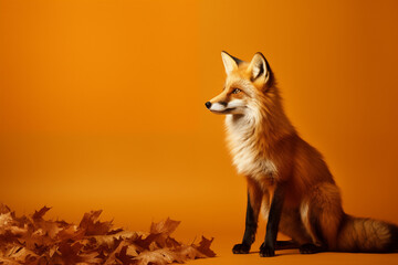 Obraz premium Red Fox with Autumn Leaves on Orange Background
