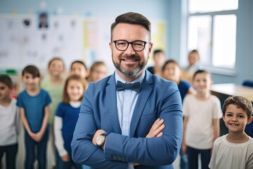 Obraz premium A smiling teacher in front of his students.