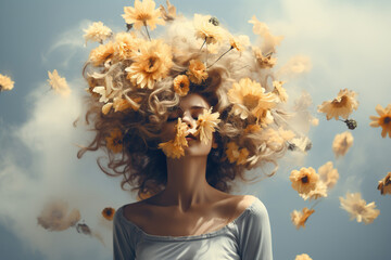 A girl with a huge bouquet of flowers in her hair. Generated by artificial intelligence