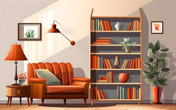 living room interior with furniture, table, shelves with books cartoon vector illustration


