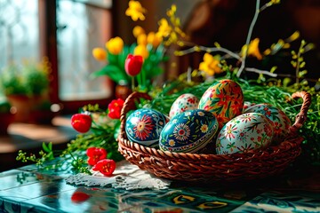 A basket of painted Easter eggs stands on a tabletop covered with a colourful mosaic.