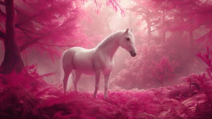 Mystical Forest Meadows White Horse Roaming in Pink Tone
