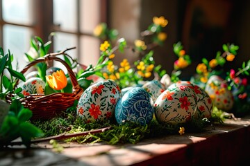 A springtime centerpiece made of Easter eggs, moss and flowers.