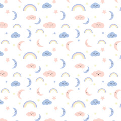 children's seamless vector pattern, clouds, moon, stars for children