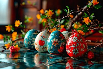 Hand-painted Easter eggs and fresh-cut spring flowers seen in close-up.