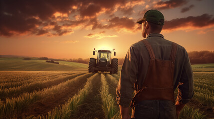 Farmer looking at tractor working in agricultural field. AI - 721625850